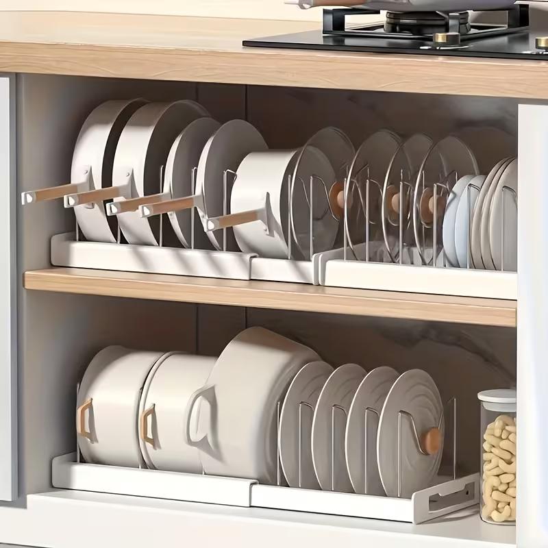 Kitchen Cabinet Baking Organizer - ชั้นวางจัดระเบียบหม้อและกระทะแบบขยายได้ ABS ปรับได้สำหรับตู้ครัว ที่เก็บอุปกรณ์ทำครัวพร้อมตัวแบ่งช่องสำหรับฝาหม้อ ถาดอบ ใต้ซิงค์