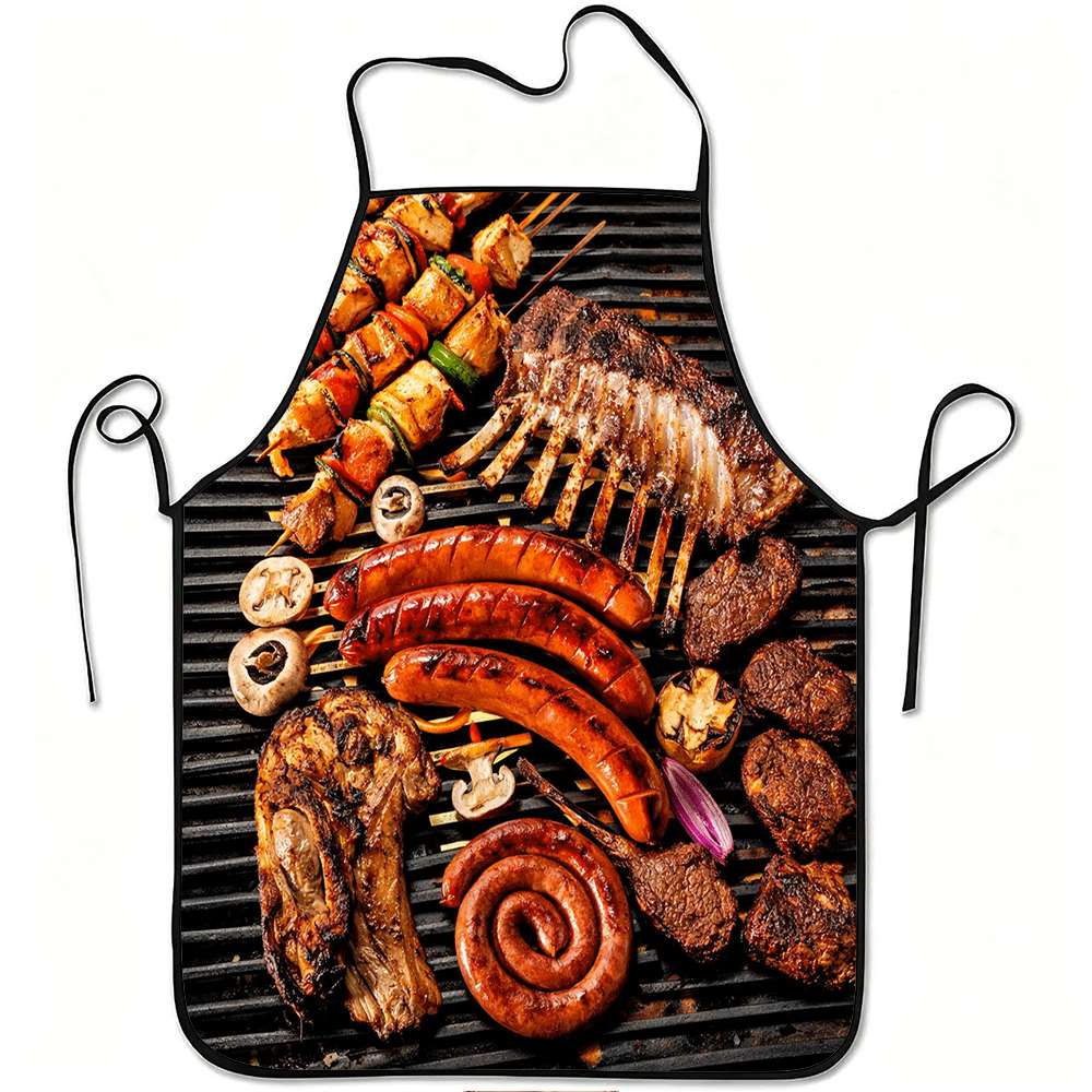Kitchen Baking Gift Ideas - ผ้ากันเปื้อนธีมบาร์บีคิว 1 ชิ้น พร้อมลวดลายอาหารบาร์บีคิวสุดคลาสสิกและดีไซน์ย้อนยุคแบบงานเลี้ยงเนื้อสัตว์ เหมาะสำหรับทั้งชายและหญิง เหมาะสำหรับงานฝีมือ