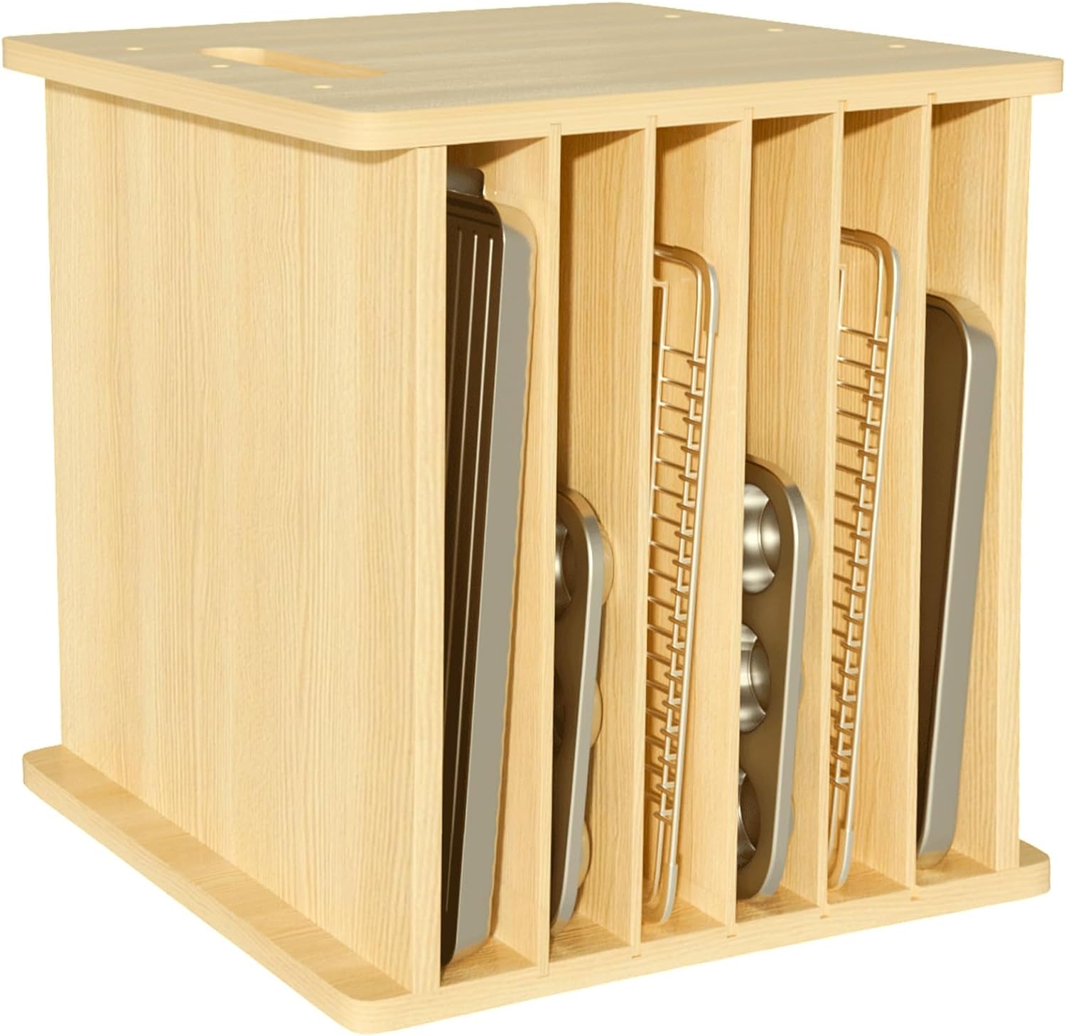 Kitchen Cabinet Baking Organizer - ถาดแบ่งช่องสำหรับอุปกรณ์อบขนมทำจากไม้, ชั้นวางคุกกี้แบบตั้งตรง, ชั้นวางหม้อและกระทะ, ถาดอบขนมอเนกประสงค์และที่จัดเก็บเอกสารสำหรับตู้ครัว