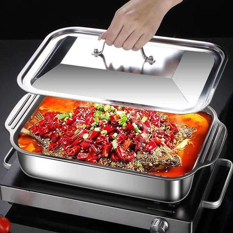 Kitchen Baking Products - ถาดอบสแตนเลสทรงลึกพร้อมฝาปิด ถาดอบรูปสี่เหลี่ยมผืนผ้าอเนกประสงค์สำหรับเตาอบ ใช้สำหรับทำอาหารทะเล ปลาปิ้งย่าง