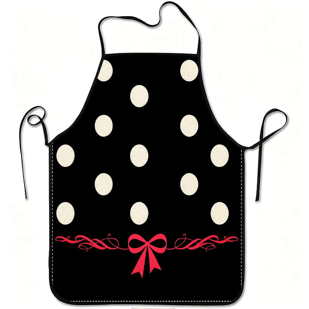 Kitchen Baking Gift Ideas - ผ้ากันเปื้อนธีมคลาสสิกเรียบง่าย 1 ชิ้น ลายจุดสีดำและสีขาว พร้อมโบว์ริบบิ้นผ้าซาตินสีแดง ผ้ากันเปื้อนดีไซน์ย้อนยุค