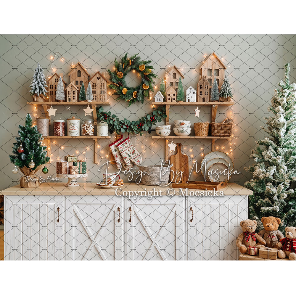 Kitchen Baking Background - ฉากหลังถ่ายภาพคริสต์มาสขนมปังขิง Mocsicka สำหรับเด็ก งานปาร์ตี้ทำคุกกี้ พวงมาลัย ฉากหลังวันหยุด